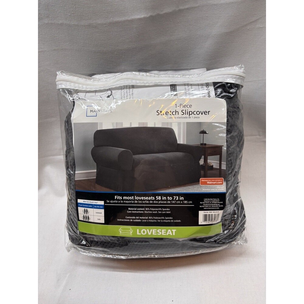 Mainstays 1 Piece Stretch Loveseat Slipcover Charcoal Gray 58-73” New Open Bag